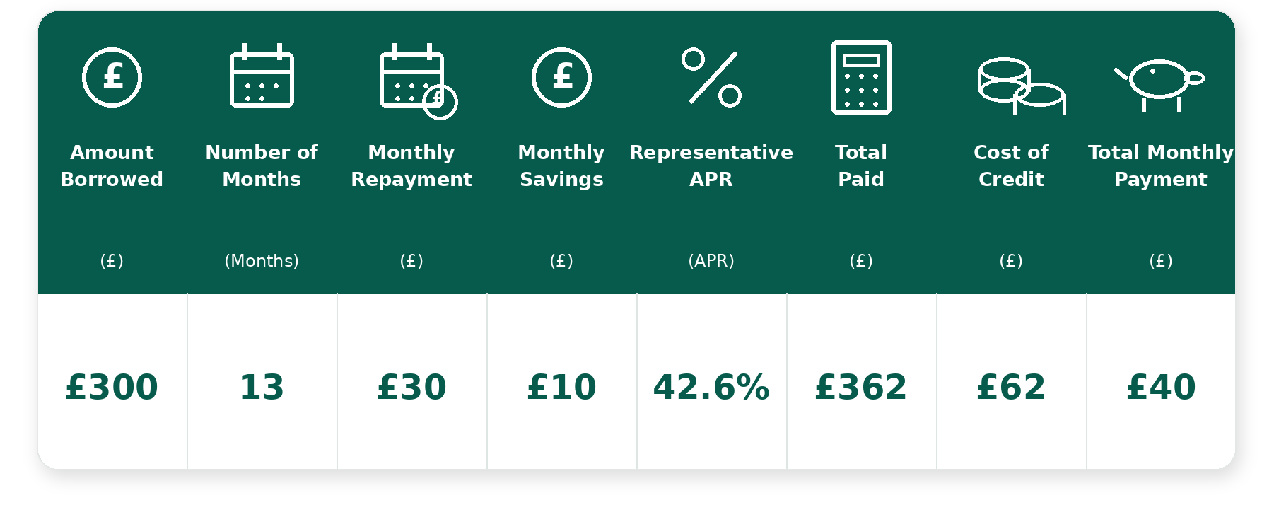 Table showing the summary of the Starter Loan details